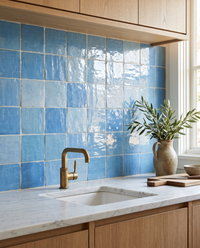 Sky Blue Zellige Square 4x4 installed as a handmade Moroccan kitchen backsplash