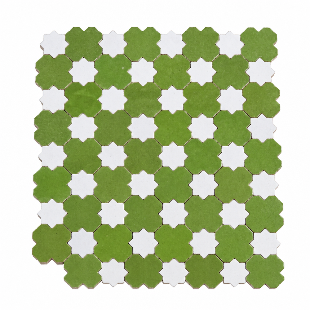 Star and Cross Zellige Mosaic Tile, Lime Green & White
