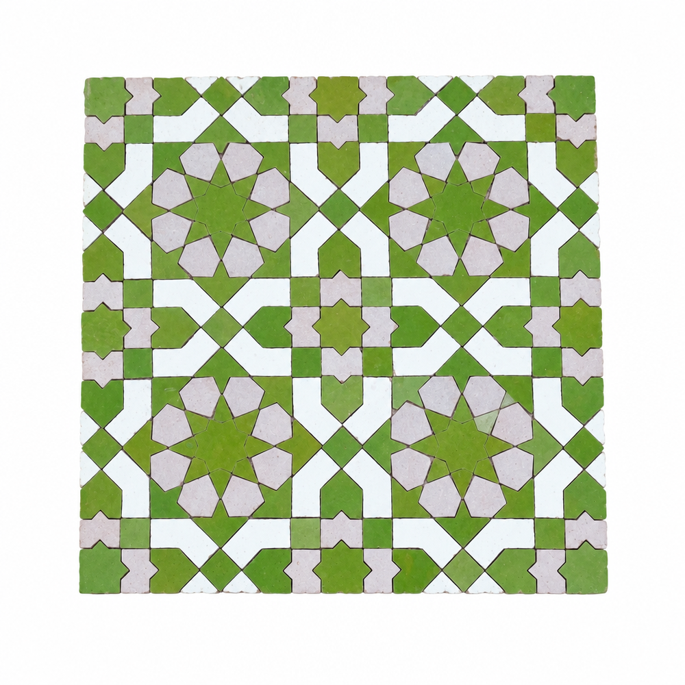 8 Point Star Rosette Zellige Mosaic Tile, Lime Green, White & Blush