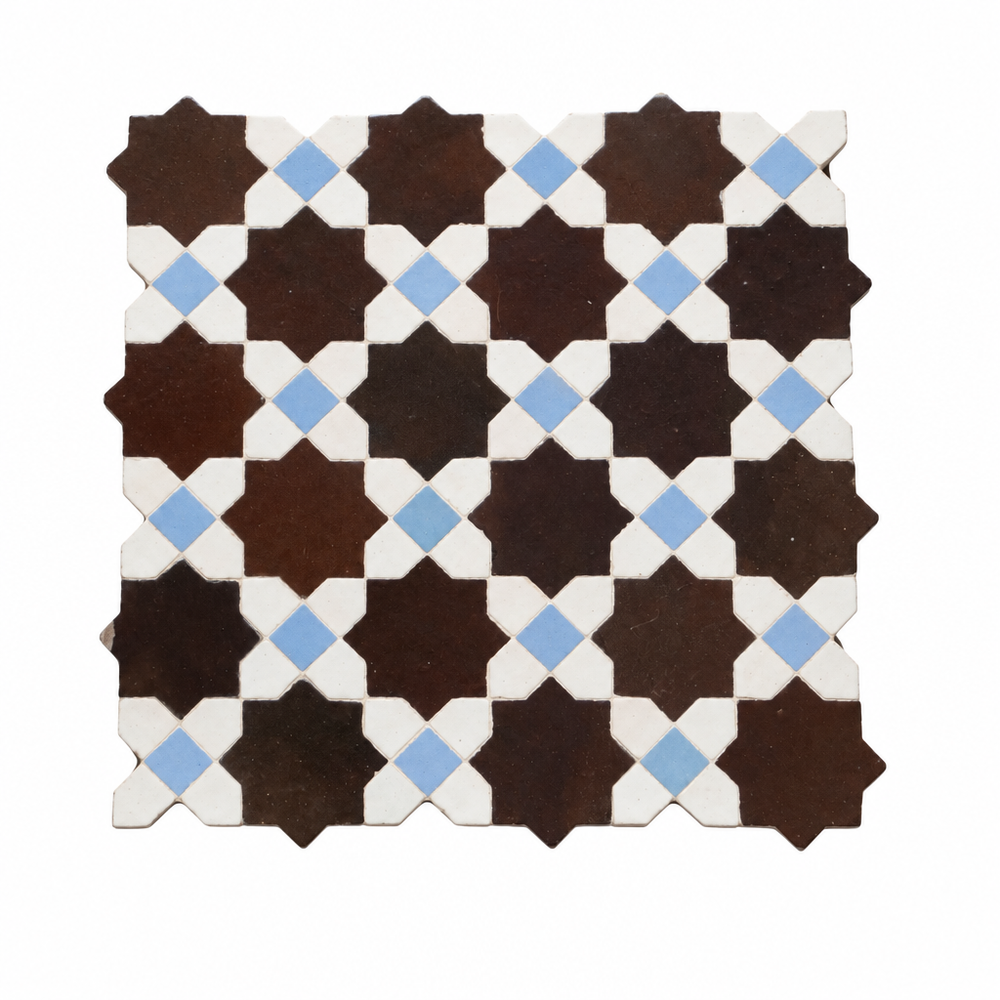 8 Point Star Zellige Mosaic Tile, Chocolate, White & Sky Blue