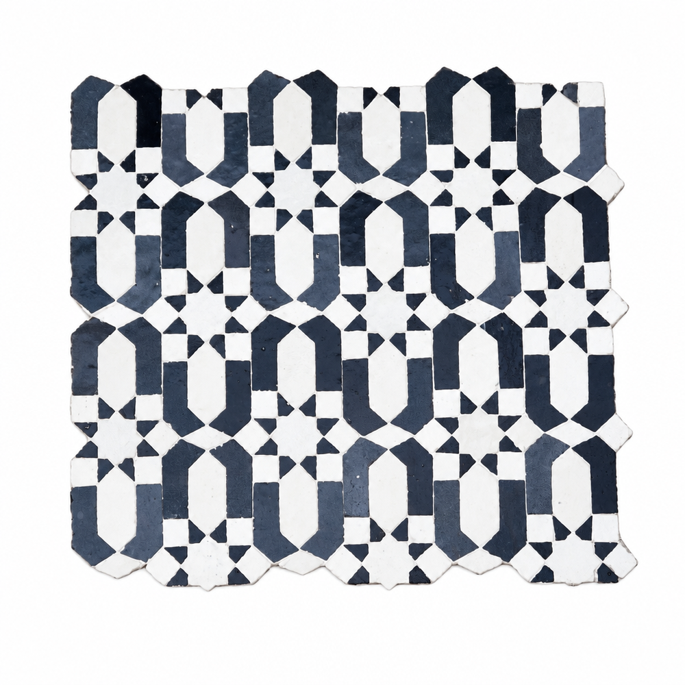 Andalusian Star Rosette Zellige Mosaic Tile, Navy & White