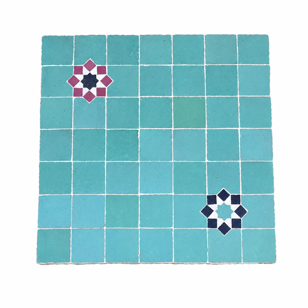 Square with Star Accents Zellige Mosaic Tile, Aqua