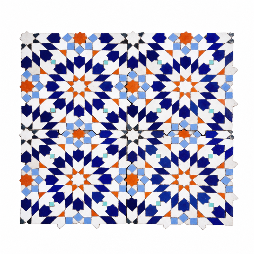 16 Point Star Rosette Zellige Mosaic Tile, Cobalt, Orange & White