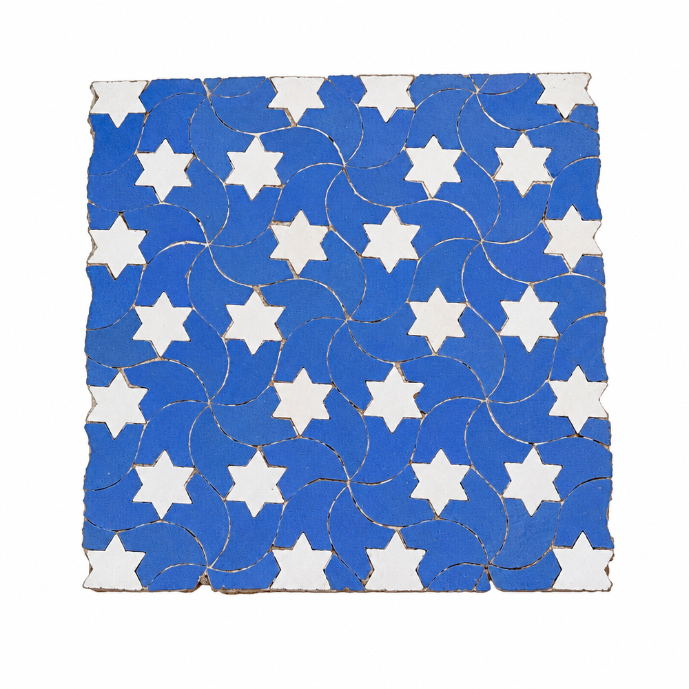 Star Swirl Zellige Mosaic Tile, Cornflower Blue & White