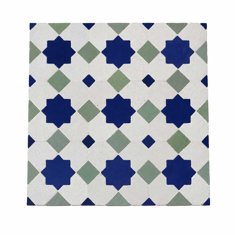 Star and Diamond Zellige Mosaic Tile, Navy, Sage & White