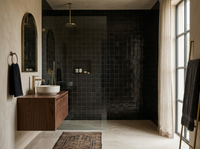 Matte Black Zellige Square 4x4 on a handmade Moroccan bathroom shower wall with walnut vanity and brass fittings